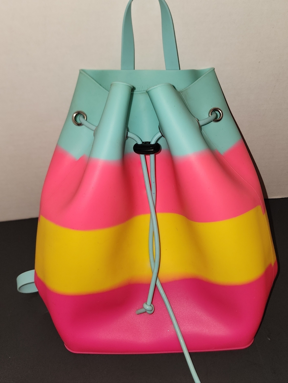 American Jewel Striped Pink Yellow Blue/Teal Drawstring Tote Bag Yummy Gummy